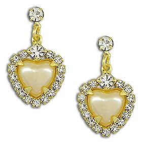 Brinco folheado a ouro em forma de coração c/ strass e pérol
